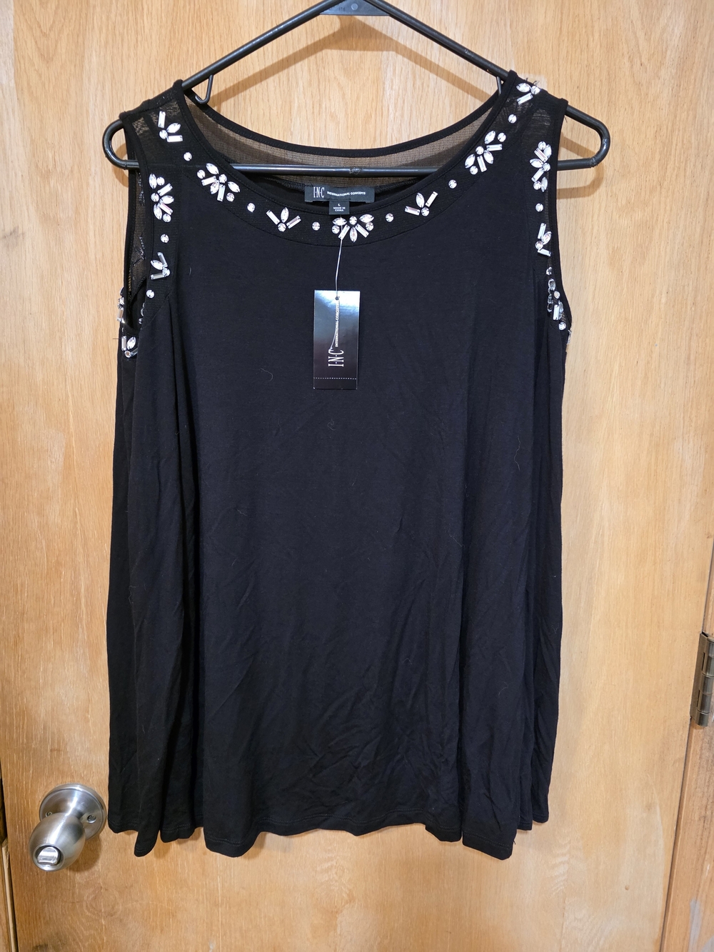 INC International Concepts Black Embellished Open Shoulder Longsleeve Top